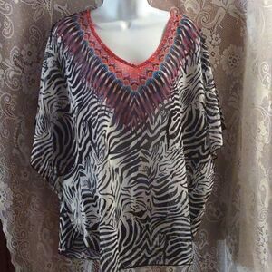 New Women's size L top Boho sheer black white‎ red zebra animal feather print